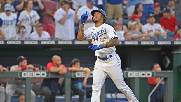 Jun 18, 2021; Kansas City, Missouri, USA; Kansas City Royals shortstop Adalberto Mondesi (27) reacts after hitting a three-run home run during the third inning against the Boston Red Sox at Kauffman Stadium. Mandatory Credit: Peter Aiken-USA TODAY Sports